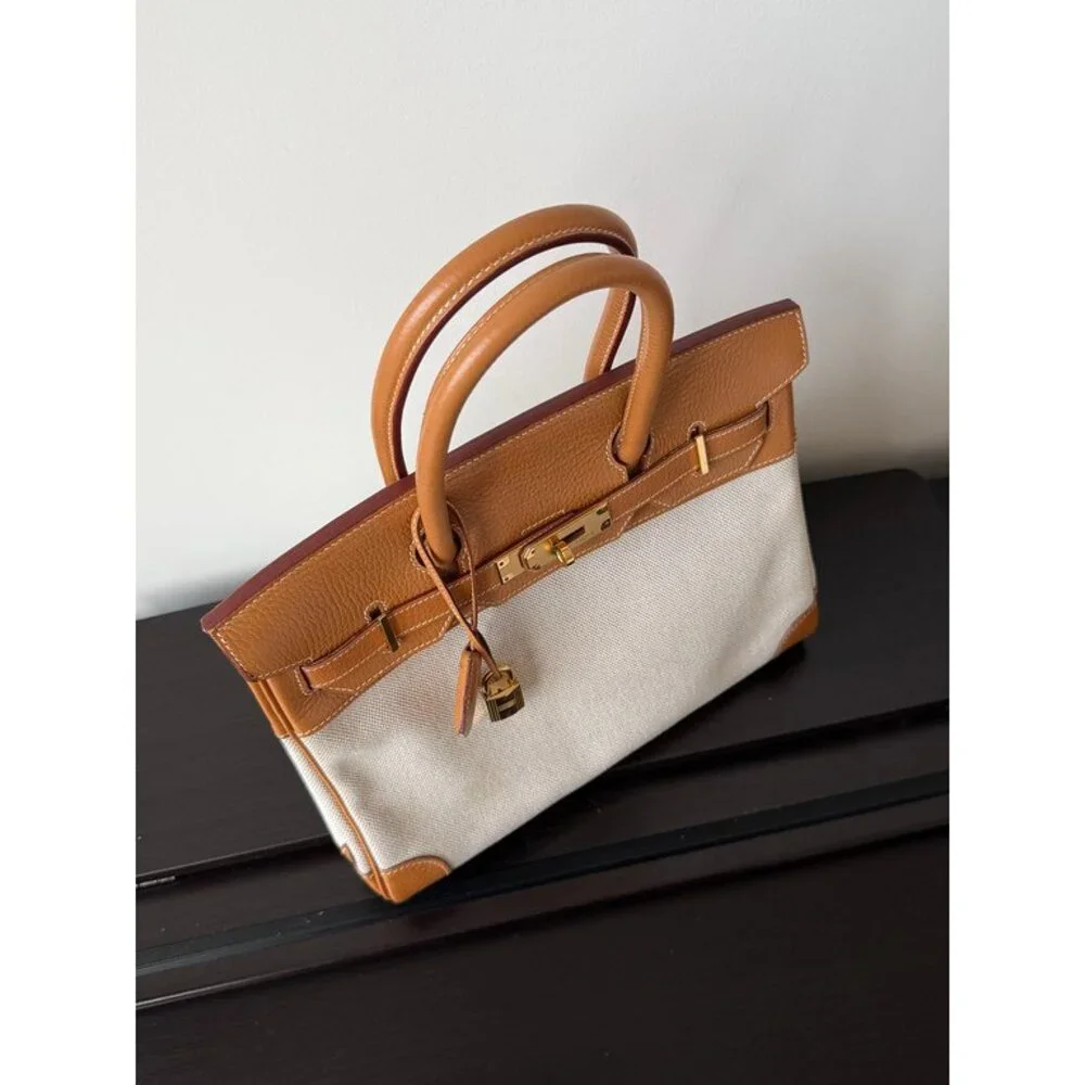 HERMES Toile/Gold Toile Canvas Ardennes Leather Birkin 30 GHW